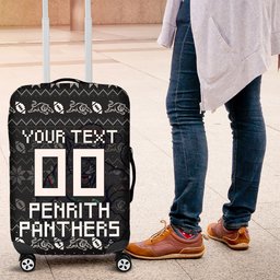 Personalized Penrith Panthers Christmas Luggage Cover Australian Rugby Fans - Pixelated Ugly Xmas Pattern Mascot Santa