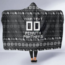 Personalized Penrith Panthers Christmas Hooded Blanket Australian Rugby Fans - Pixelated Ugly Xmas Pattern Mascot Santa