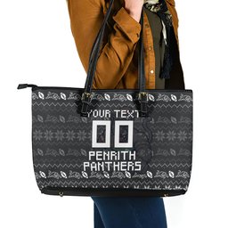 Personalized Penrith Panthers Christmas Leather Tote Bag Australian Rugby Fans - Pixelated Ugly Xmas Pattern Mascot Santa