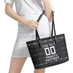 Personalized Penrith Panthers Christmas Leather Tote Bag Australian Rugby Fans - Pixelated Ugly Xmas Pattern Mascot Santa