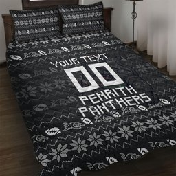 Personalized Penrith Panthers Christmas Quilt Bed Set Australian Rugby Fans - Pixelated Ugly Xmas Pattern Mascot Santa