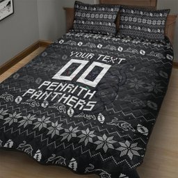 Personalized Penrith Panthers Christmas Quilt Bed Set Australian Rugby Fans - Pixelated Ugly Xmas Pattern Mascot Santa