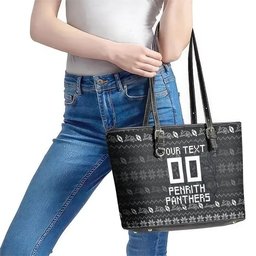 Personalized Penrith Panthers Christmas Leather Tote Bag Australian Rugby Fans - Pixelated Ugly Xmas Pattern Mascot Santa
