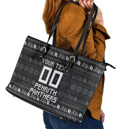 Personalized Penrith Panthers Christmas Leather Tote Bag Australian Rugby Fans - Pixelated Ugly Xmas Pattern Mascot Santa