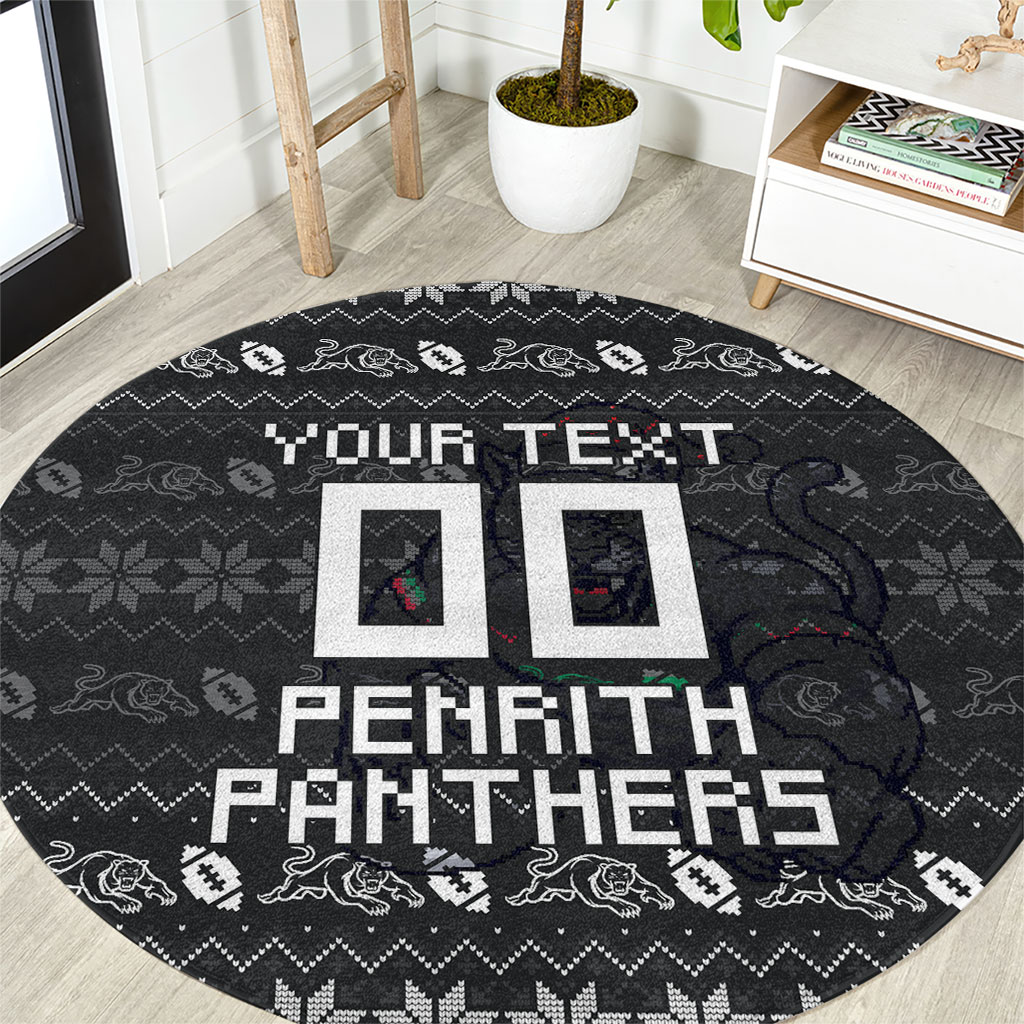 Personalized Penrith Panthers Christmas Round Carpet Australian Rugby Fans - Pixelated Ugly Xmas Pattern Mascot Santa