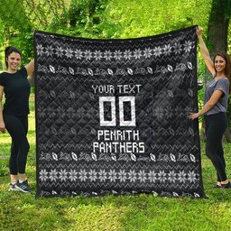 Personalized Penrith Panthers Christmas Quilt Australian Rugby Fans - Pixelated Ugly Xmas Pattern Mascot Santa