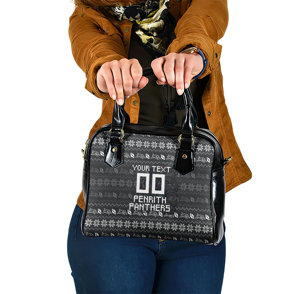 Personalized Penrith Panthers Christmas Shoulder Handbag Australian Rugby Fans - Pixelated Ugly Xmas Pattern Mascot Santa