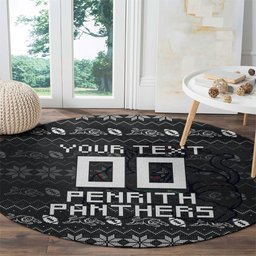 Personalized Penrith Panthers Christmas Round Carpet Australian Rugby Fans - Pixelated Ugly Xmas Pattern Mascot Santa