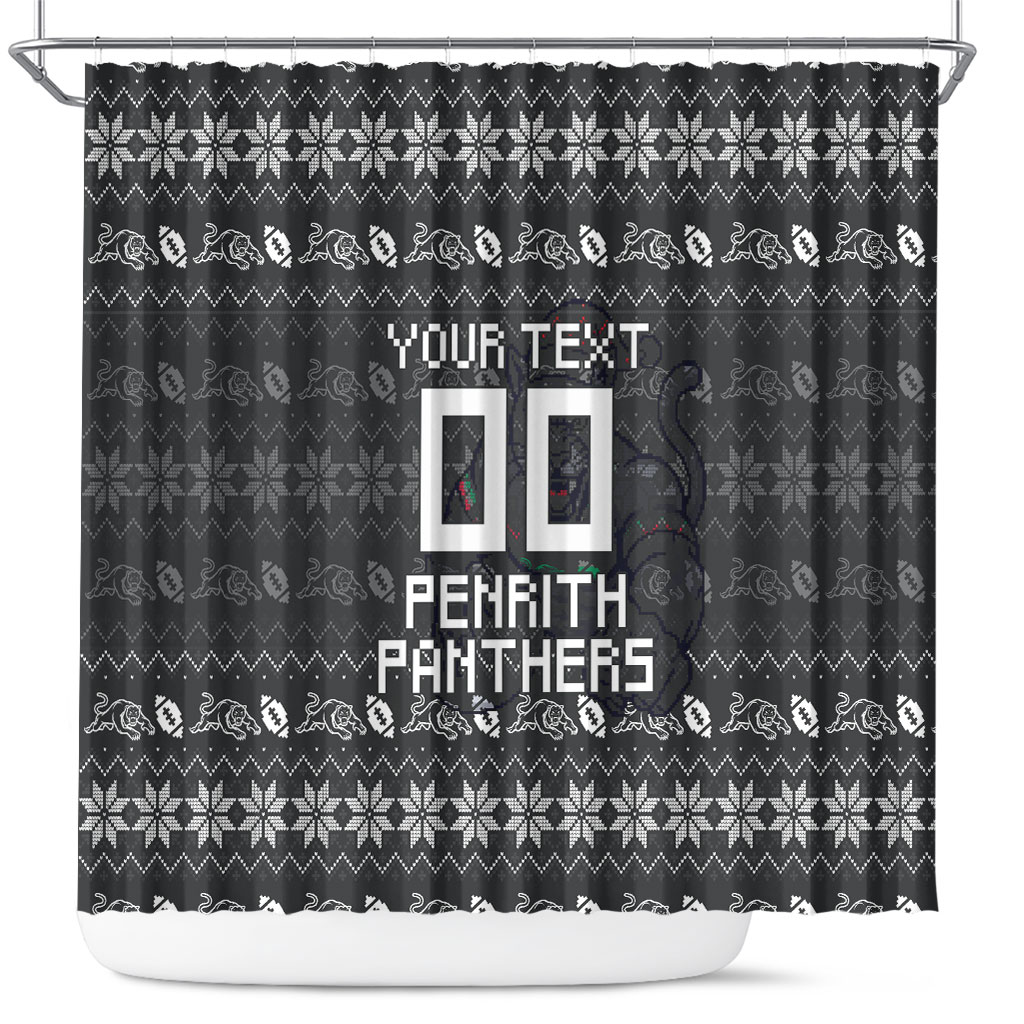 Personalized Penrith Panthers Christmas Shower Curtain Australian Rugby Fans - Pixelated Ugly Xmas Pattern Mascot Santa