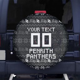 Personalized Penrith Panthers Christmas Spare Tire Cover Australian Rugby Fans - Pixelated Ugly Xmas Pattern Mascot Santa