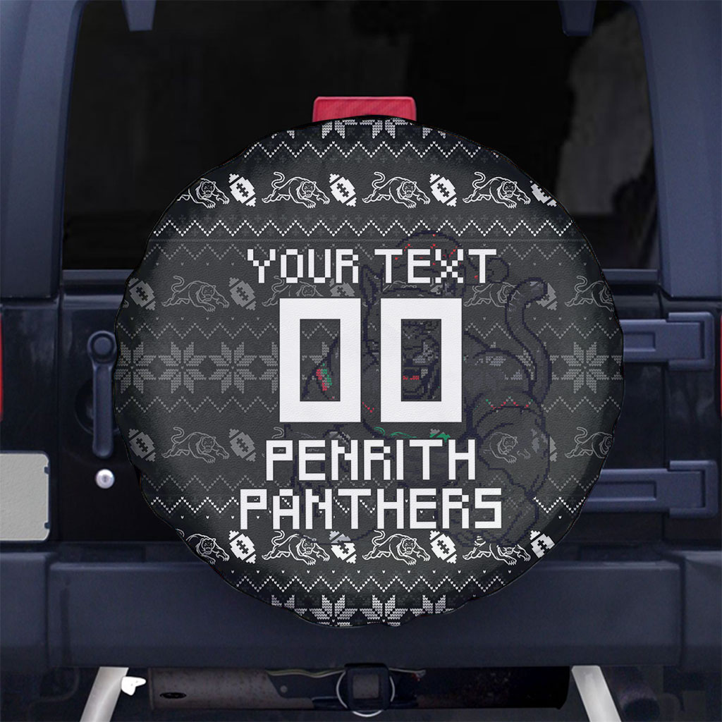 Personalized Penrith Panthers Christmas Spare Tire Cover Australian Rugby Fans - Pixelated Ugly Xmas Pattern Mascot Santa