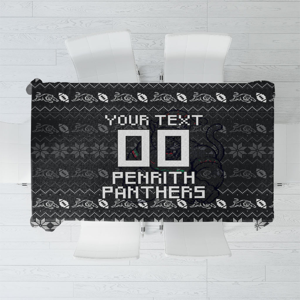 Personalized Penrith Panthers Christmas Tablecloth Australian Rugby Fans - Pixelated Ugly Xmas Pattern Mascot Santa