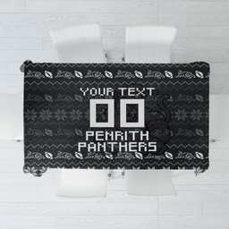 Personalized Penrith Panthers Christmas Tablecloth Australian Rugby Fans - Pixelated Ugly Xmas Pattern Mascot Santa