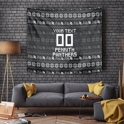 Personalized Penrith Panthers Christmas Tapestry Australian Rugby Fans - Pixelated Ugly Xmas Pattern Mascot Santa
