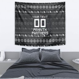 Personalized Penrith Panthers Christmas Tapestry Australian Rugby Fans - Pixelated Ugly Xmas Pattern Mascot Santa