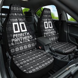 Personalized Penrith Panthers Christmas Car Seat Cover Australian Rugby Fans - Pixelated Ugly Xmas Pattern Mascot Santa