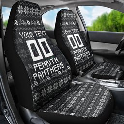 Personalized Penrith Panthers Christmas Car Seat Cover Australian Rugby Fans - Pixelated Ugly Xmas Pattern Mascot Santa