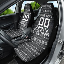 Personalized Penrith Panthers Christmas Car Seat Cover Australian Rugby Fans - Pixelated Ugly Xmas Pattern Mascot Santa