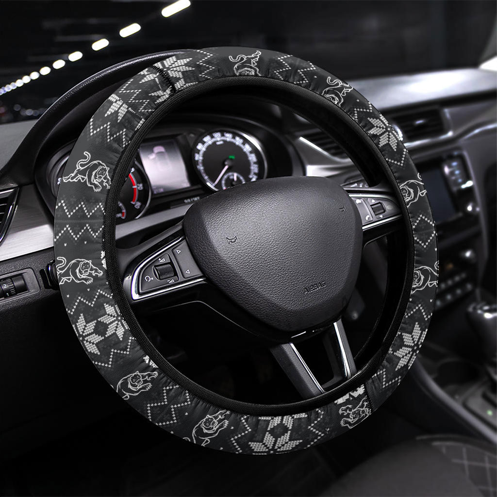 Penrith Panthers Christmas Steering Wheel Cover Australian Rugby Fans - Pixelated Ugly Xmas Pattern Mascot Santa
