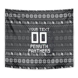 Personalized Penrith Panthers Christmas Tapestry Australian Rugby Fans - Pixelated Ugly Xmas Pattern Mascot Santa