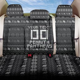 Personalized Penrith Panthers Christmas Back Car Seat Cover Australian Rugby Fans - Pixelated Ugly Xmas Pattern Mascot Santa
