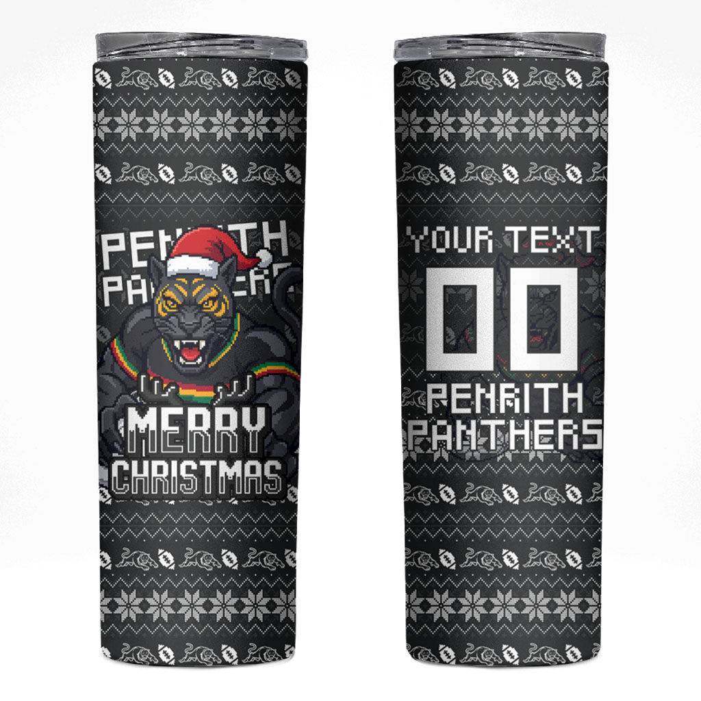 Personalized Penrith Panthers Christmas Skinny Tumbler Australian Rugby Fans - Pixelated Ugly Xmas Pattern Mascot Santa