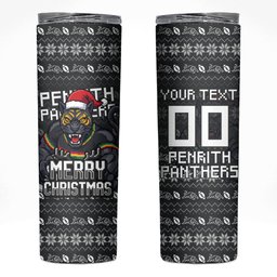 Personalized Penrith Panthers Christmas Skinny Tumbler Australian Rugby Fans - Pixelated Ugly Xmas Pattern Mascot Santa