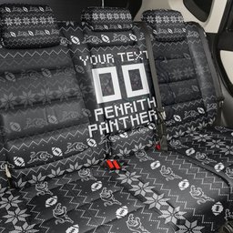 Personalized Penrith Panthers Christmas Back Car Seat Cover Australian Rugby Fans - Pixelated Ugly Xmas Pattern Mascot Santa
