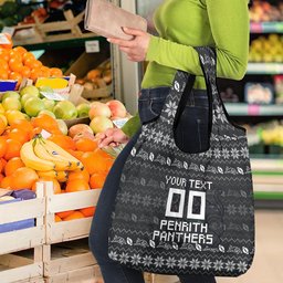Personalized Penrith Panthers Christmas Grocery Bag Australian Rugby Fans - Pixelated Ugly Xmas Pattern Mascot Santa