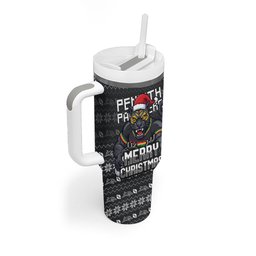 Personalized Penrith Panthers Christmas Tumbler With Handle Australian Rugby Fans - Pixelated Ugly Xmas Pattern Mascot Santa