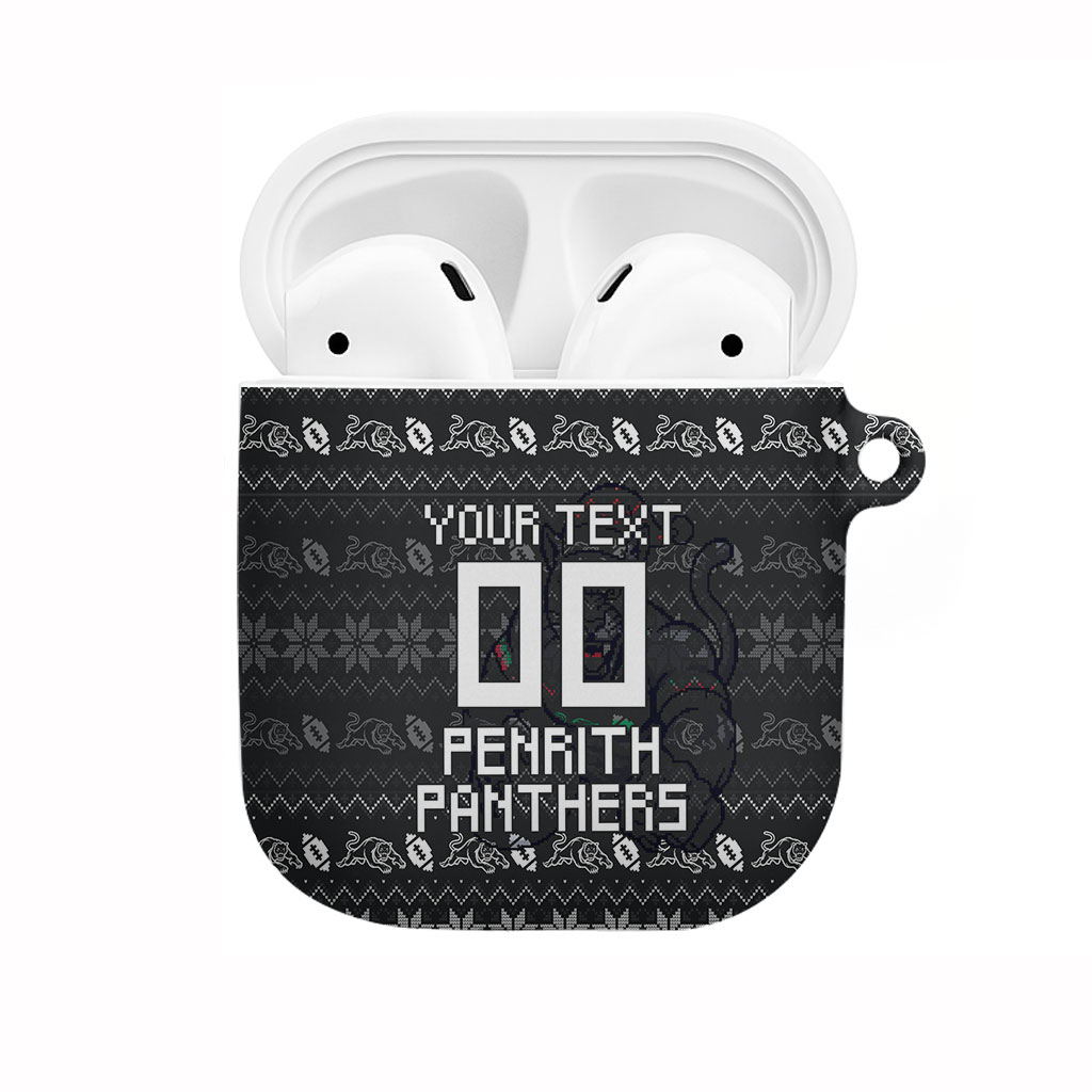 Personalized Penrith Panthers Christmas AirPods Case Australian Rugby Fans - Pixelated Ugly Xmas Pattern Mascot Santa