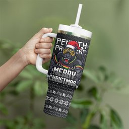 Personalized Penrith Panthers Christmas Tumbler With Handle Australian Rugby Fans - Pixelated Ugly Xmas Pattern Mascot Santa