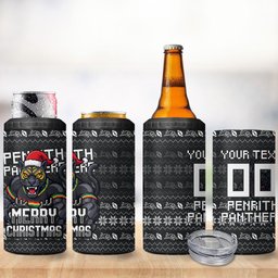Personalized Penrith Panthers Christmas 4 in 1 Can Cooler Tumbler Australian Rugby Fans - Pixelated Ugly Xmas Pattern Mascot Santa