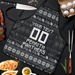 Personalized Penrith Panthers Christmas Apron Australian Rugby Fans - Pixelated Ugly Xmas Pattern Mascot Santa