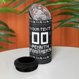 Personalized Penrith Panthers Christmas 4 in 1 Can Cooler Tumbler Australian Rugby Fans - Pixelated Ugly Xmas Pattern Mascot Santa