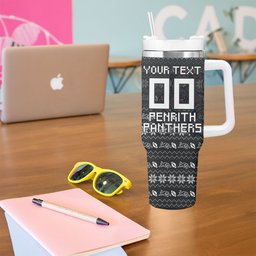 Personalized Penrith Panthers Christmas Tumbler With Handle Australian Rugby Fans - Pixelated Ugly Xmas Pattern Mascot Santa