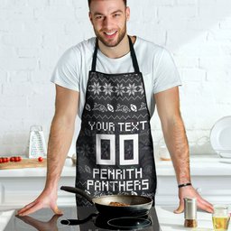 Personalized Penrith Panthers Christmas Apron Australian Rugby Fans - Pixelated Ugly Xmas Pattern Mascot Santa