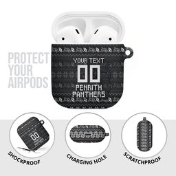 Personalized Penrith Panthers Christmas AirPods Case Australian Rugby Fans - Pixelated Ugly Xmas Pattern Mascot Santa