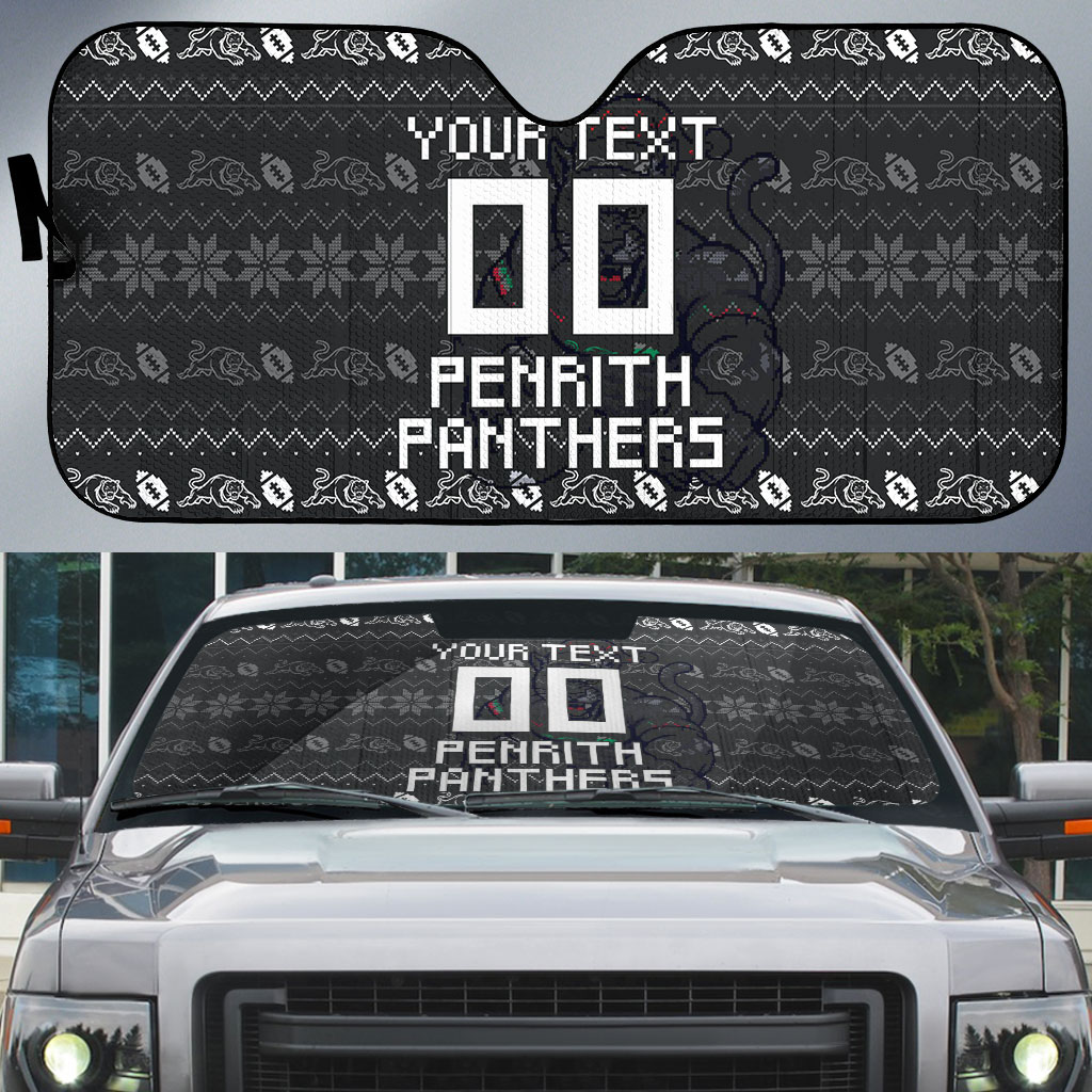 Personalized Penrith Panthers Christmas Auto Sun Shade Australian Rugby Fans - Pixelated Ugly Xmas Pattern Mascot Santa