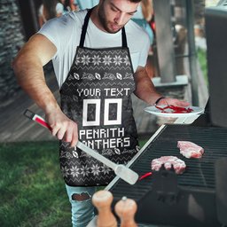 Personalized Penrith Panthers Christmas Apron Australian Rugby Fans - Pixelated Ugly Xmas Pattern Mascot Santa