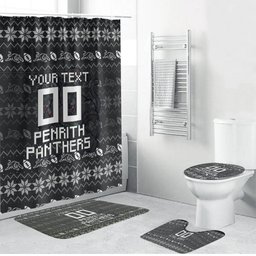 Personalized Penrith Panthers Christmas Bathroom Set Australian Rugby Fans - Pixelated Ugly Xmas Pattern Mascot Santa