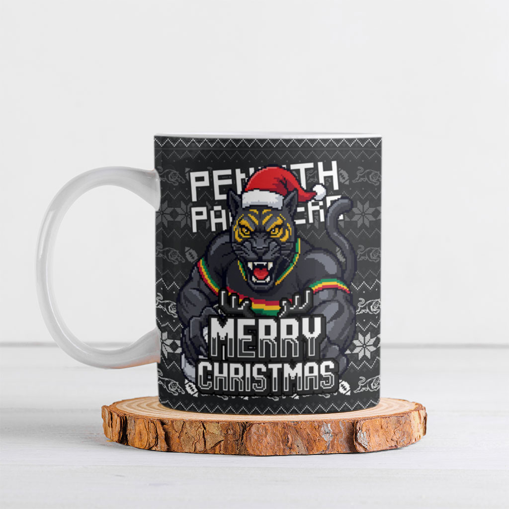 Personalized Penrith Panthers Christmas Ceramic Mug Australian Rugby Fans - Pixelated Ugly Xmas Pattern Mascot Santa