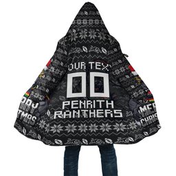 Personalized Penrith Panthers Christmas Cloak Australian Rugby Fans - Pixelated Ugly Xmas Pattern Mascot Santa
