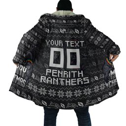 Personalized Penrith Panthers Christmas Cloak Australian Rugby Fans - Pixelated Ugly Xmas Pattern Mascot Santa