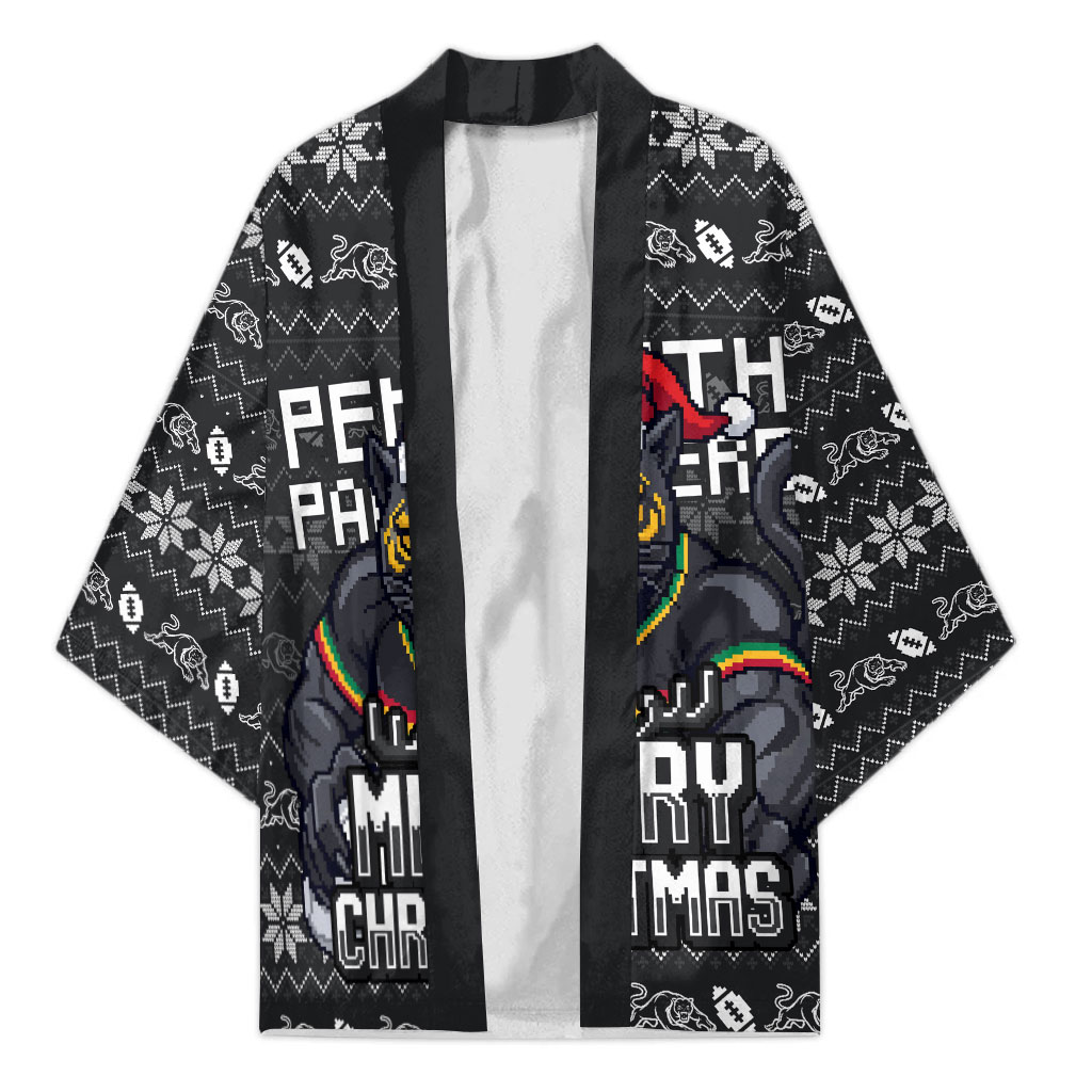 Personalized Penrith Panthers Christmas Kimono Australian Rugby Fans - Pixelated Ugly Xmas Pattern Mascot Santa