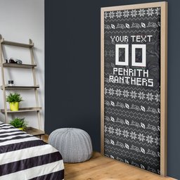 Personalized Penrith Panthers Christmas Door Cover Australian Rugby Fans - Pixelated Ugly Xmas Pattern Mascot Santa