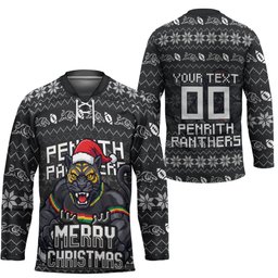 Personalized Penrith Panthers Christmas Hockey Jersey Australian Rugby Fans - Pixelated Ugly Xmas Pattern Mascot Santa