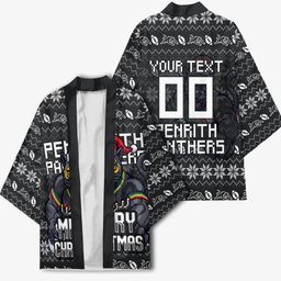 Personalized Penrith Panthers Christmas Kimono Australian Rugby Fans - Pixelated Ugly Xmas Pattern Mascot Santa