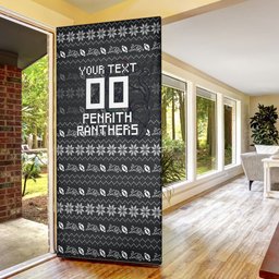 Personalized Penrith Panthers Christmas Door Cover Australian Rugby Fans - Pixelated Ugly Xmas Pattern Mascot Santa