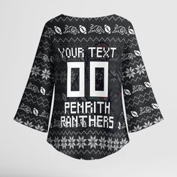 Personalized Penrith Panthers Christmas Kimono Sleeve Blouse Australian Rugby Fans - Pixelated Ugly Xmas Pattern Mascot Santa